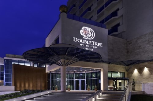 Main entrance at DoubleTree by Hilton in Oradea, Romania. Travel with World Lifetime Journeys