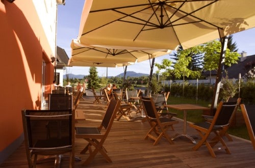 Outside terrace at Ahotel Ljubljan in Slovenia. Travel with World Lifetime Journeys