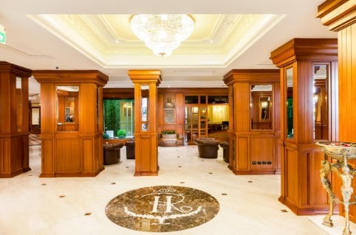 Reception area at Grand Hotel Ritz in Rome, Italy. Travel with World Lifetime Journeys