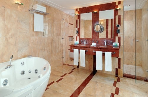 Deluxe ensuite bath at The Westin Zagreb in Croatia. Travel with World Lifetime Journeys