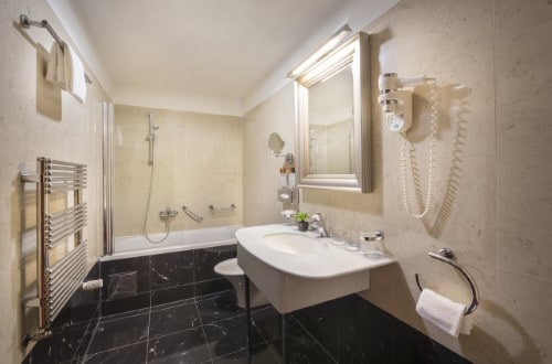 Ensuite bath at Best Western Premier Astoria Zagreb in Croatia. Travel with World Lifetime Journeys