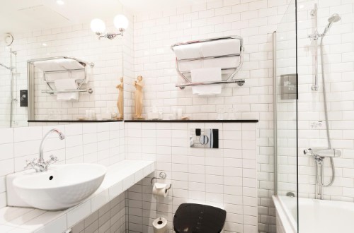 Ensuite bathroom at Lady Hamilton Hotel in Stockholm, Sweden. Travel with World Lifetime Journeys