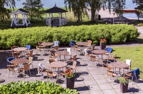 Outside terrace at Hilton Helsinki Kalastajatorppa Hotel in Finland. Travel with World Lifetime Journeys