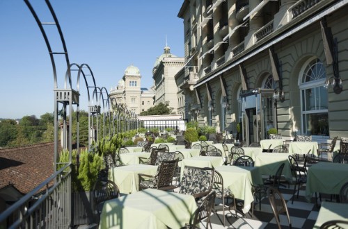 Outside terrace at Hotel Bellevue Palace in Bern, Switzerland. Travel with World Lifetime Journeys