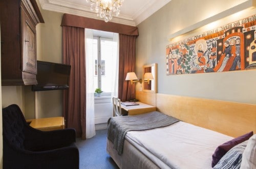 Single room at Lady Hamilton Hotel in Stockholm, Sweden. Travel with World Lifetime Journeys