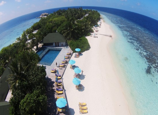 Aerial view at OBLU Atmosphere Helengeli Maldives. Travel with World Lifetime Journeys